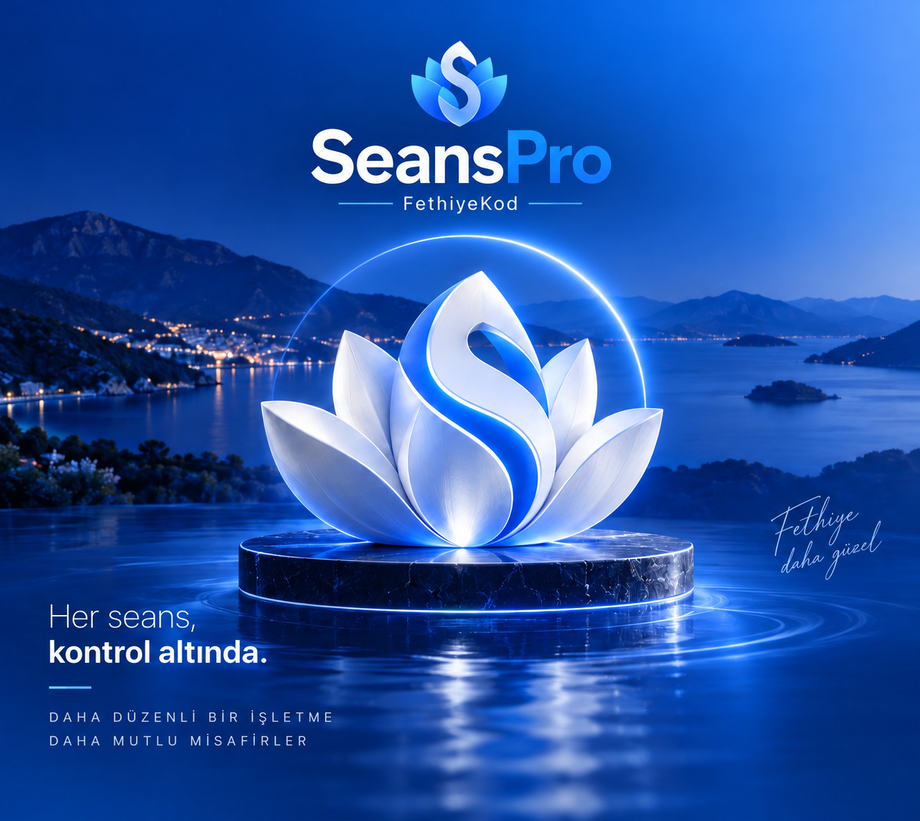Fethiye manzarasında mavi SeansPro lotus simgesi